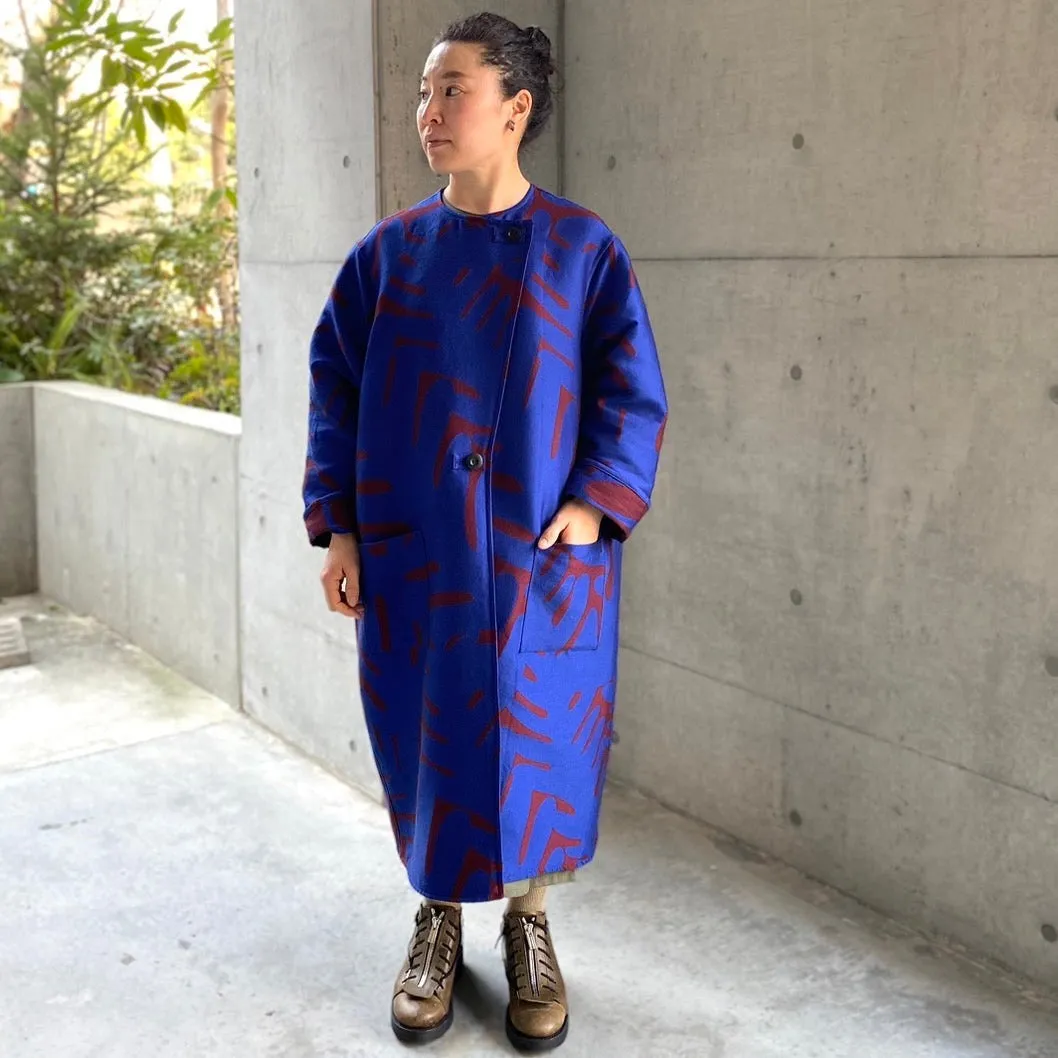 播州織  Wool/Cotton ジャガードコクーンコート blue/red brown