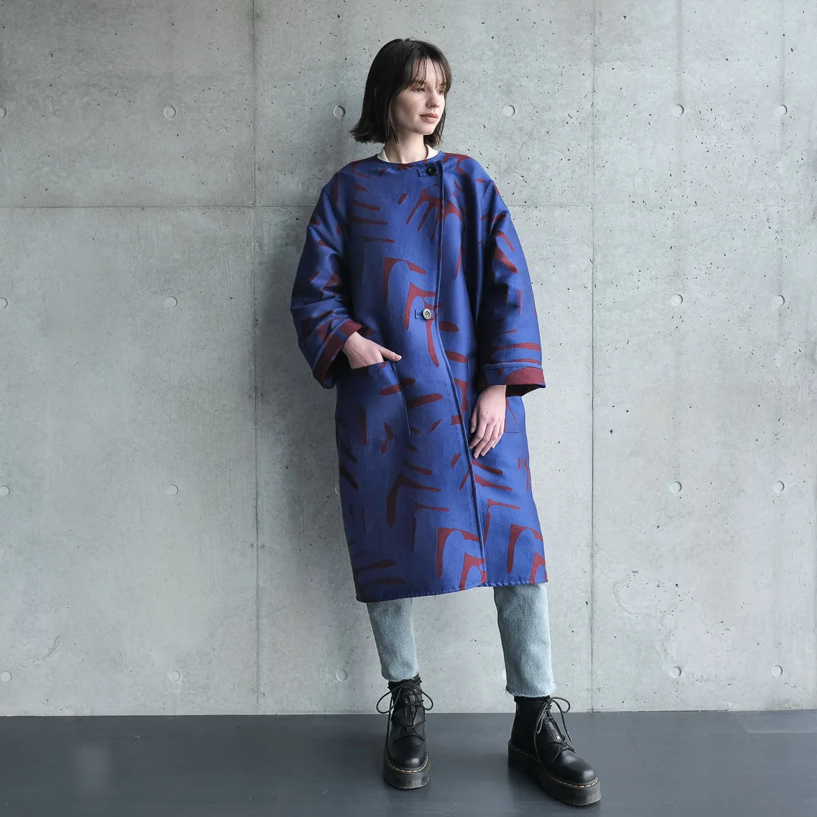 播州織  Wool/Cotton ジャガードコクーンコート blue/red brown