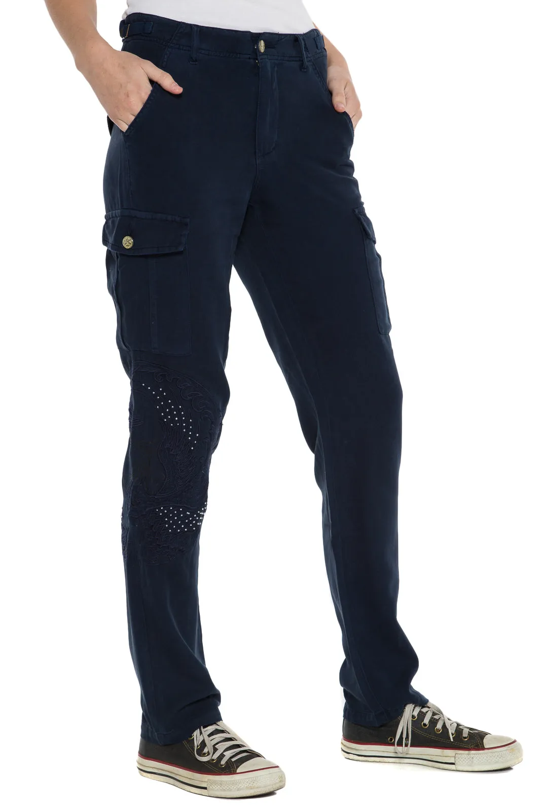 100% Silk high waist cargo pants in Navy