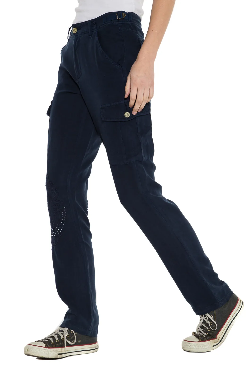 100% Silk high waist cargo pants in Navy