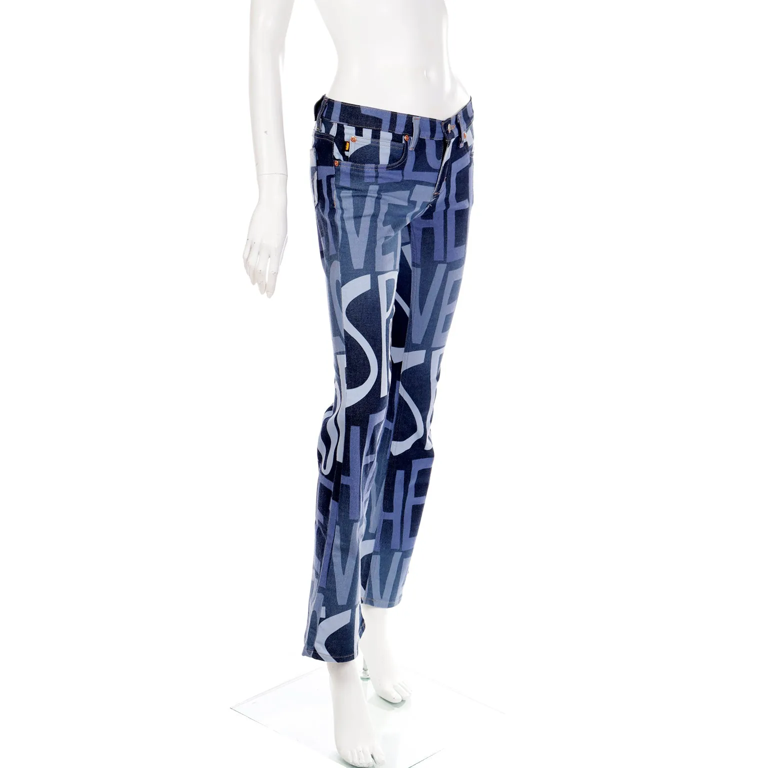 1990s Todd Oldham Spirit of Love Graphic Denim Low Rise Flared Jeans