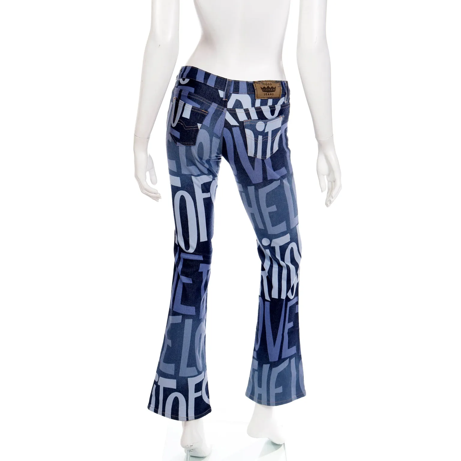 1990s Todd Oldham Spirit of Love Graphic Denim Low Rise Flared Jeans