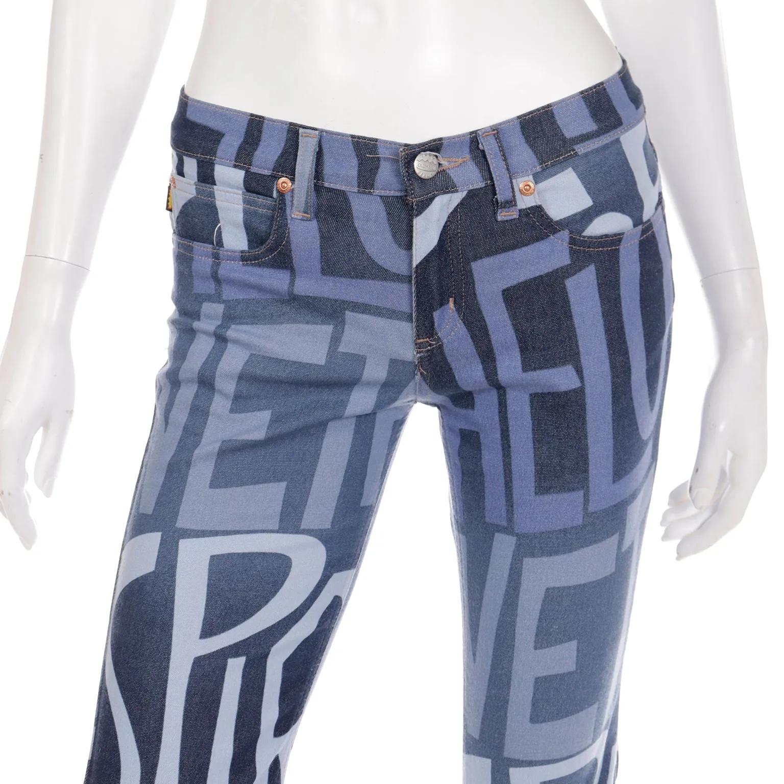 1990s Todd Oldham Spirit of Love Graphic Denim Low Rise Flared Jeans