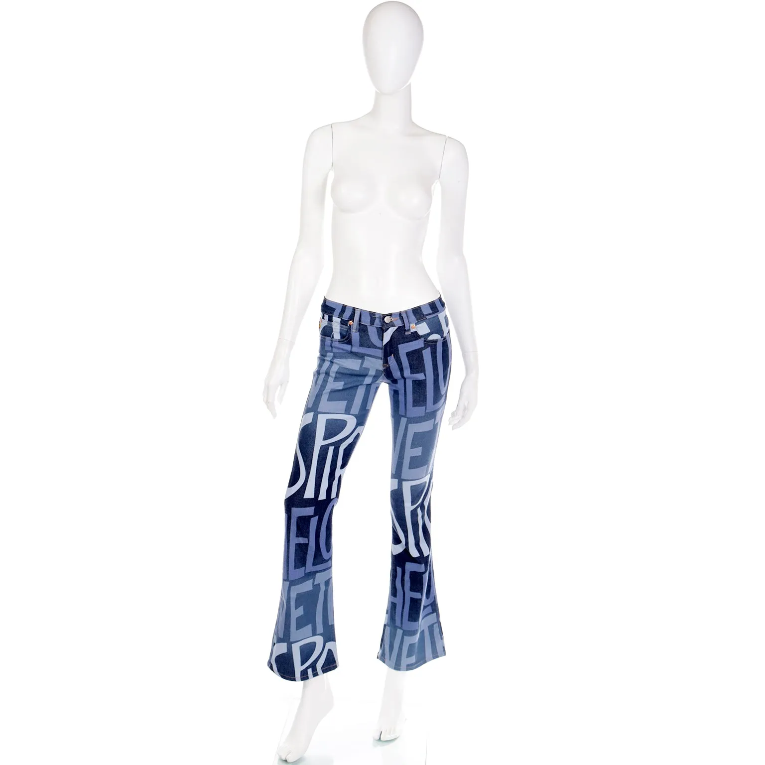 1990s Todd Oldham Spirit of Love Graphic Denim Low Rise Flared Jeans