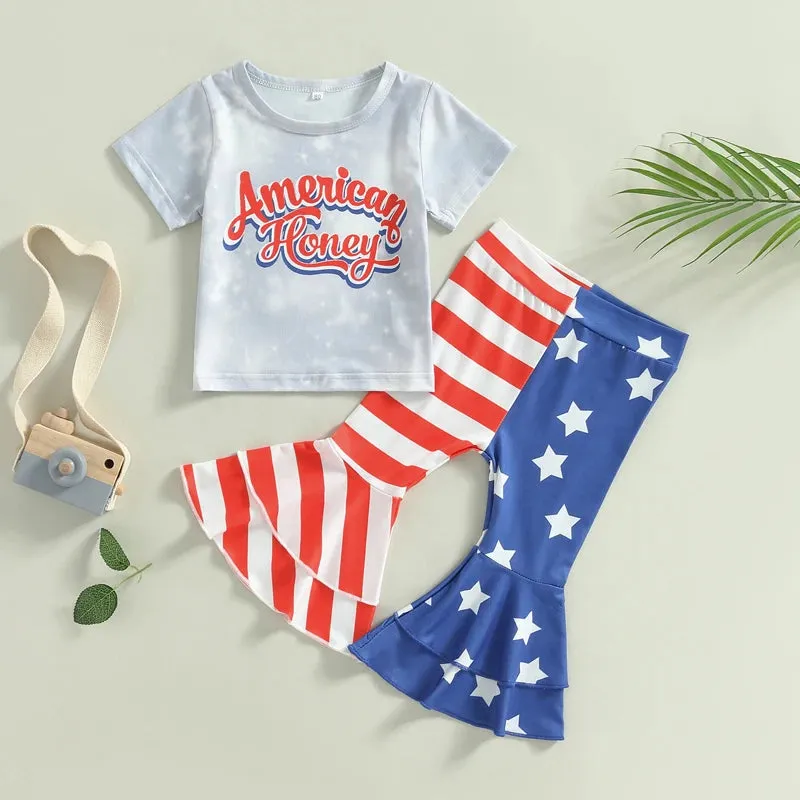 4th of July Baby Toddler Girls Flared Pants American Honey Independence Day Outfits Letter Printed Short Sleeve Tops Stars Stripes Bell bottom