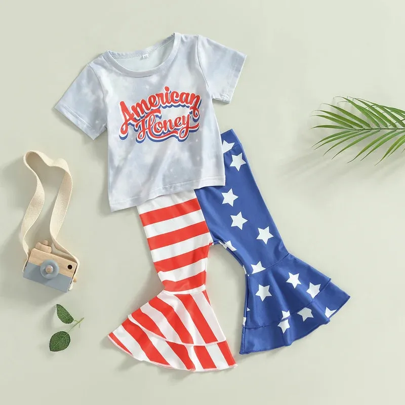 4th of July Baby Toddler Girls Flared Pants American Honey Independence Day Outfits Letter Printed Short Sleeve Tops Stars Stripes Bell bottom