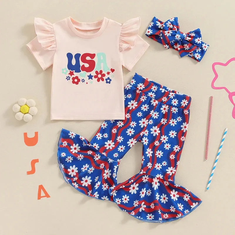 4th of July Baby Toddler Girls Flared Pants American Honey Independence Day Outfits Letter Printed Short Sleeve Tops Stars Stripes Bell bottom