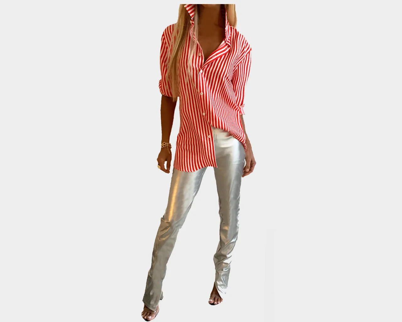 55 Stripe Rouge et Blanc long Sleeve Weekender Shirt - The Rodeo Drive