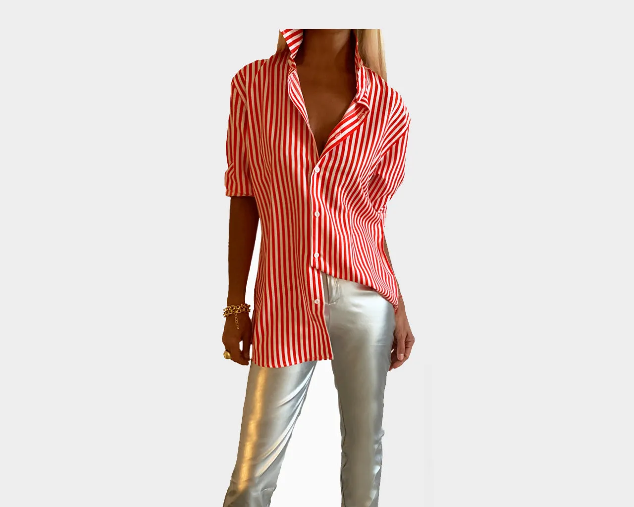 55 Stripe Rouge et Blanc long Sleeve Weekender Shirt - The Rodeo Drive