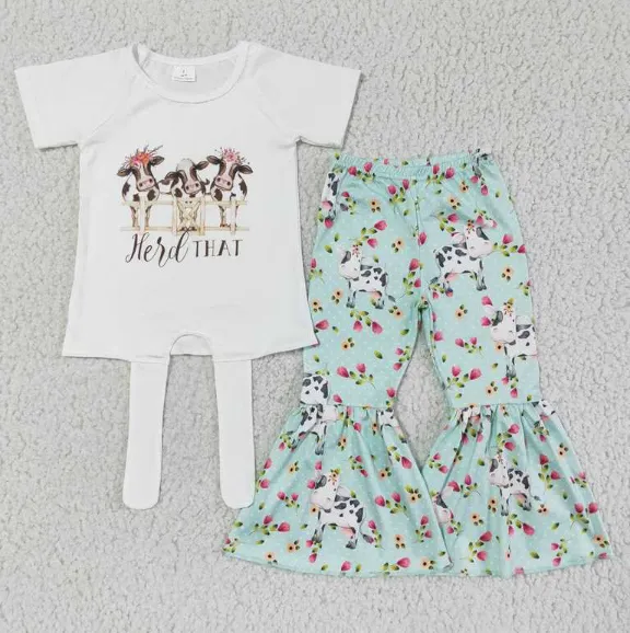 A12-15 Flower Cow Green Flared Pants set