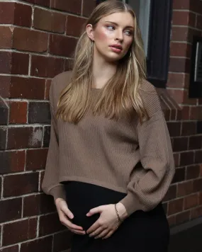 Adele Luxury Maternity Knitted Cropped Jumper- Brown