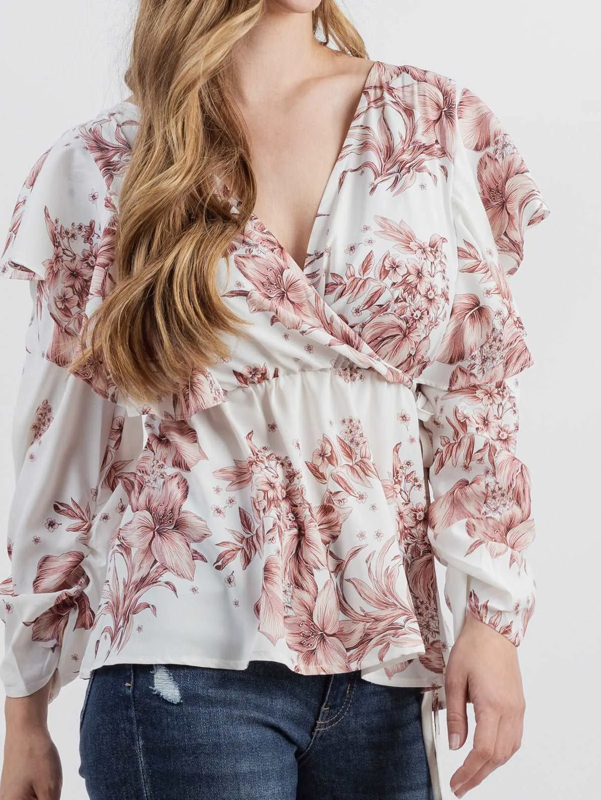 American Bling Plus Size Women Floral Print Ruffle 3/4 Sleeve Wrap Blouse