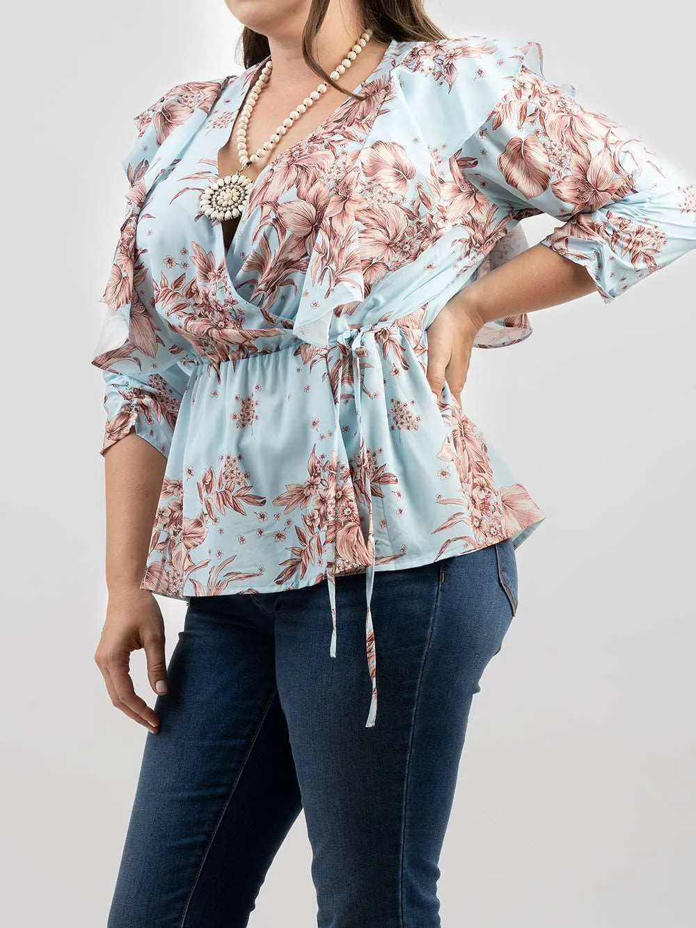 American Bling Plus Size Women Floral Print Ruffle 3/4 Sleeve Wrap Blouse