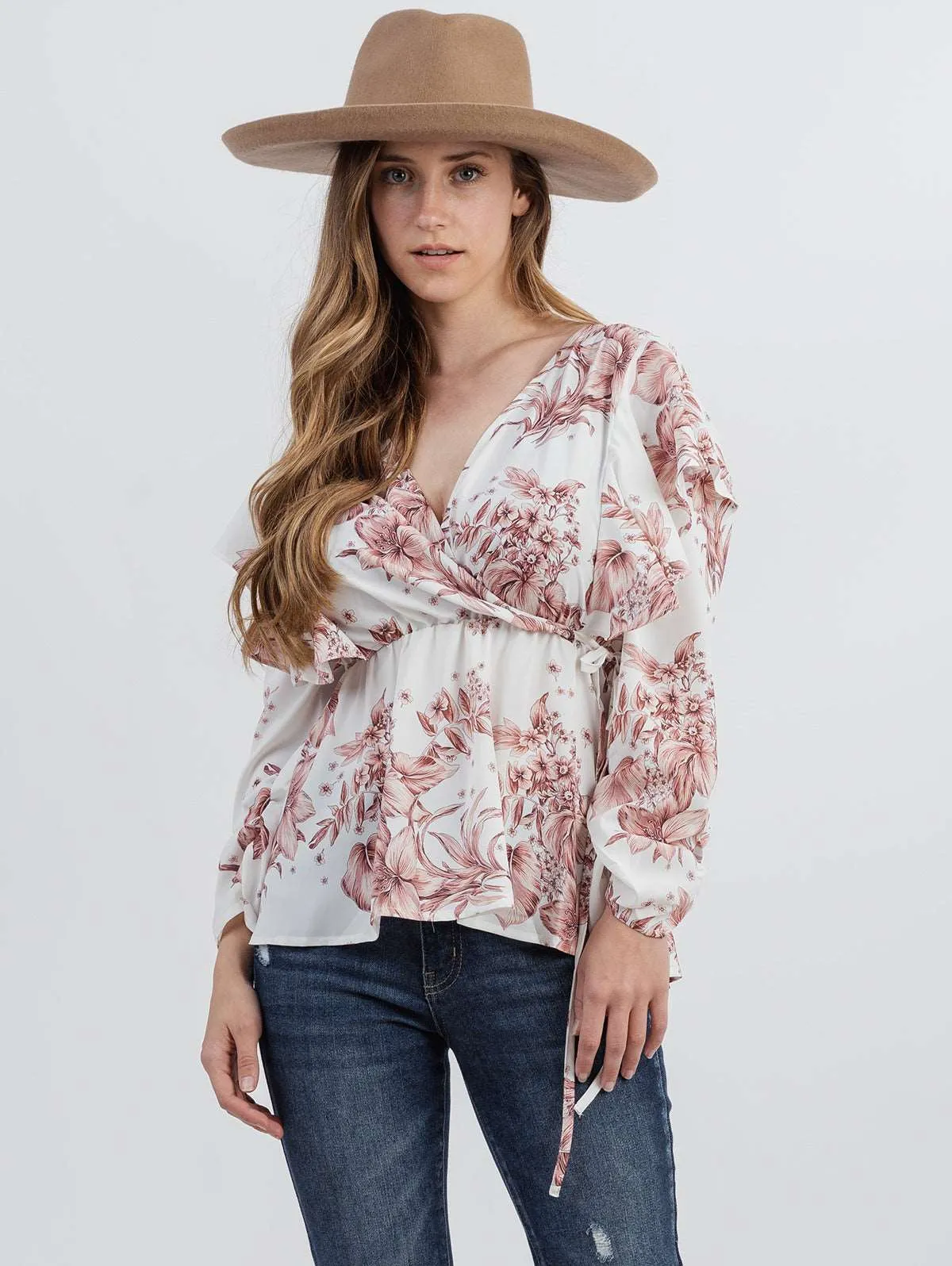 American Bling Plus Size Women Floral Print Ruffle 3/4 Sleeve Wrap Blouse