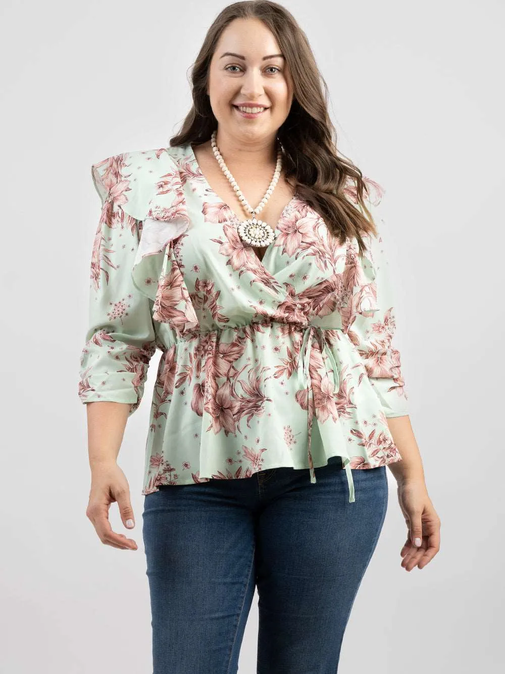 American Bling Plus Size Women Floral Print Ruffle 3/4 Sleeve Wrap Blouse