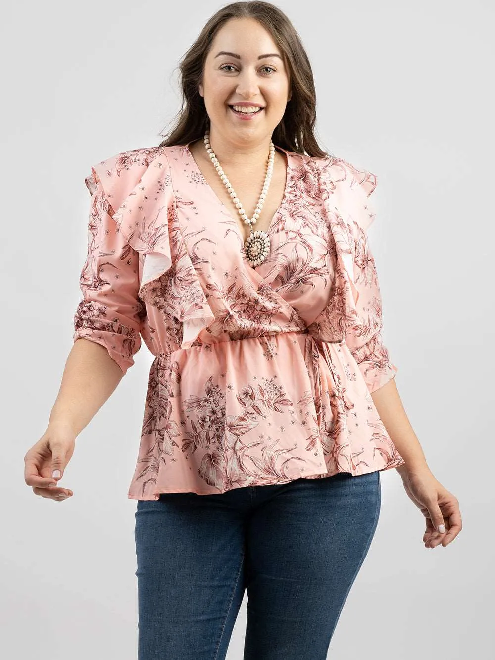 American Bling Plus Size Women Floral Print Ruffle 3/4 Sleeve Wrap Blouse