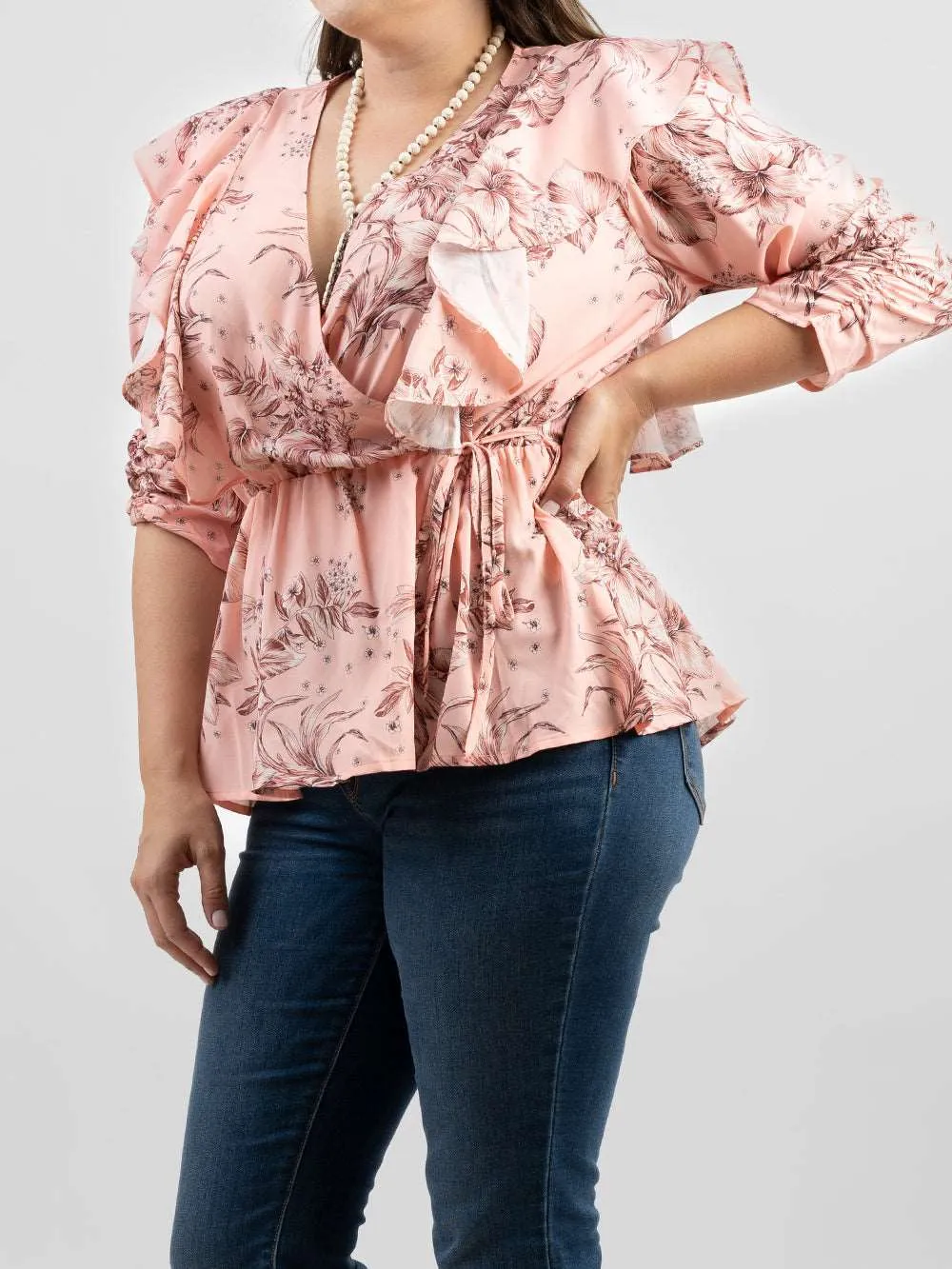 American Bling Plus Size Women Floral Print Ruffle 3/4 Sleeve Wrap Blouse