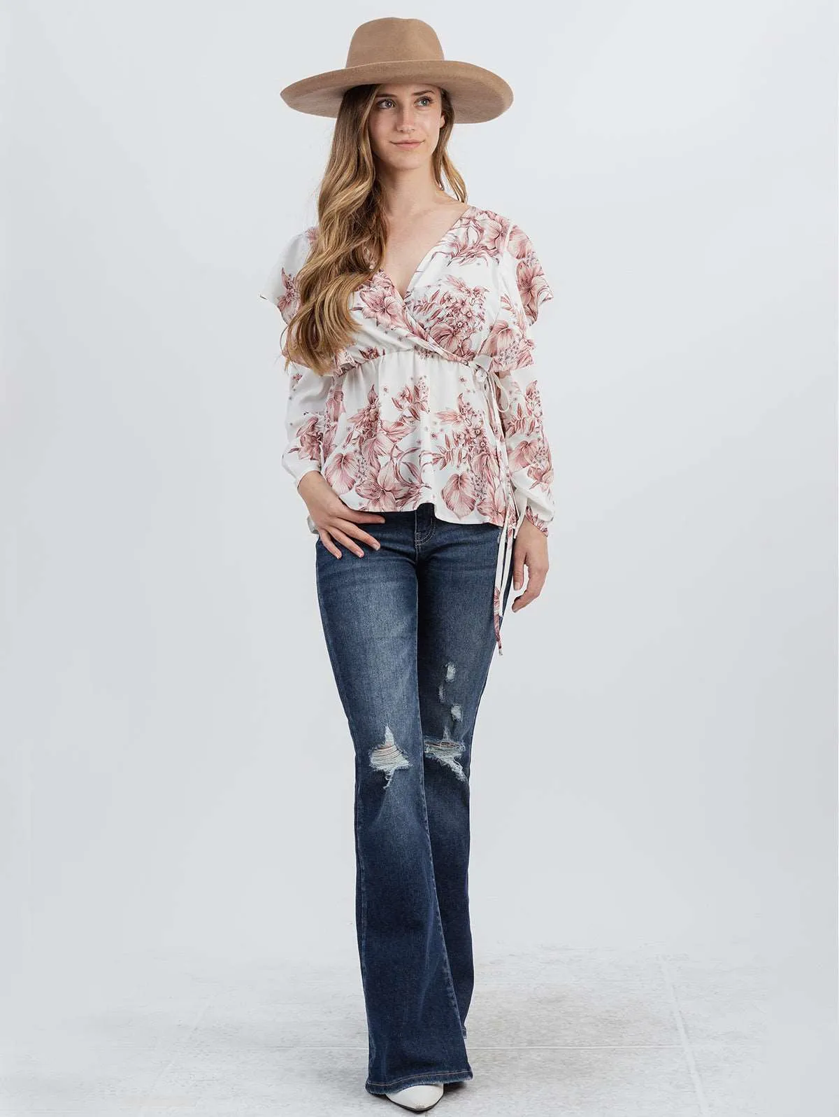 American Bling Plus Size Women Floral Print Ruffle 3/4 Sleeve Wrap Blouse