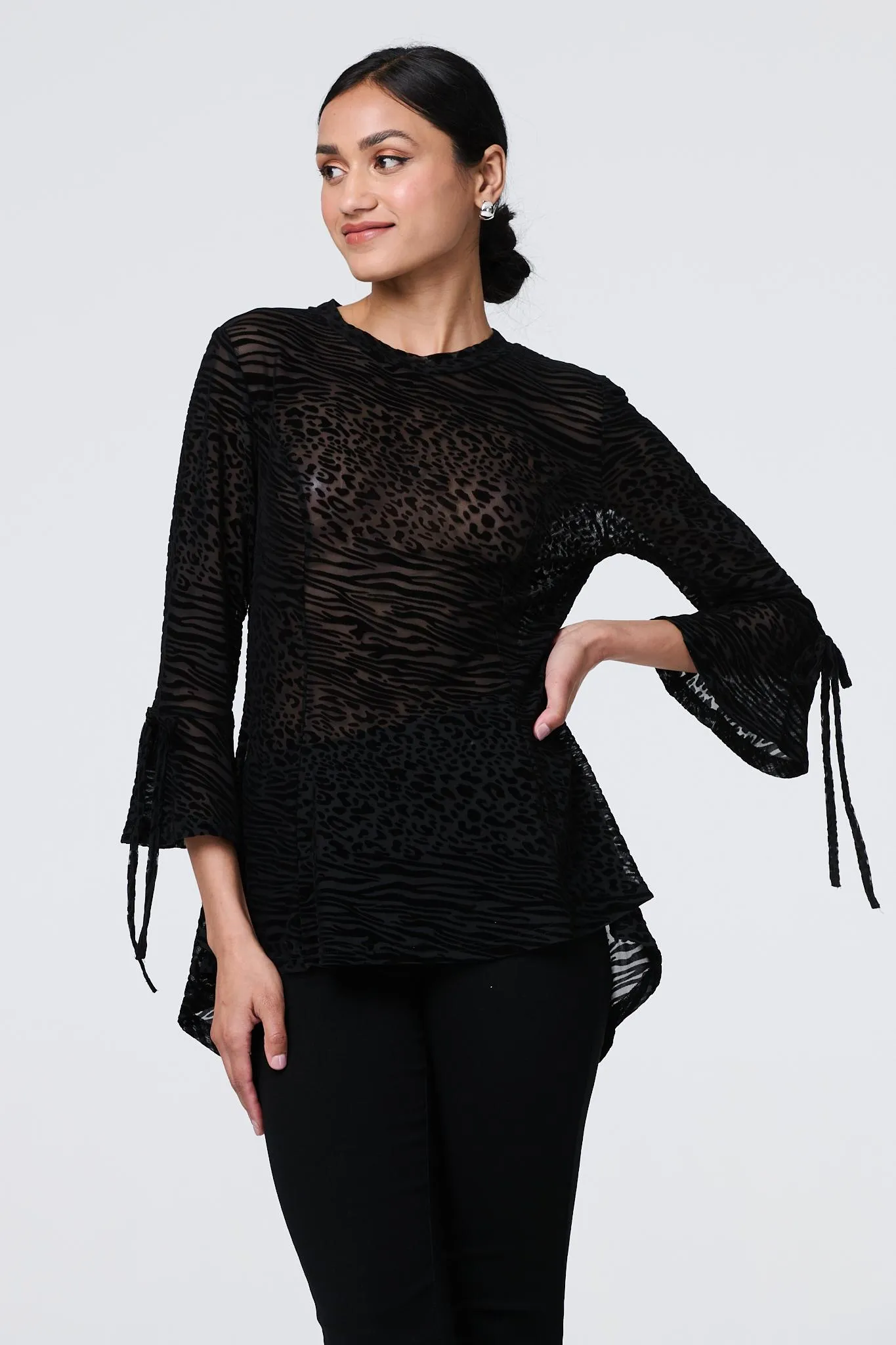 Animal Print Sheer Mesh 3/4 Sleeve Top