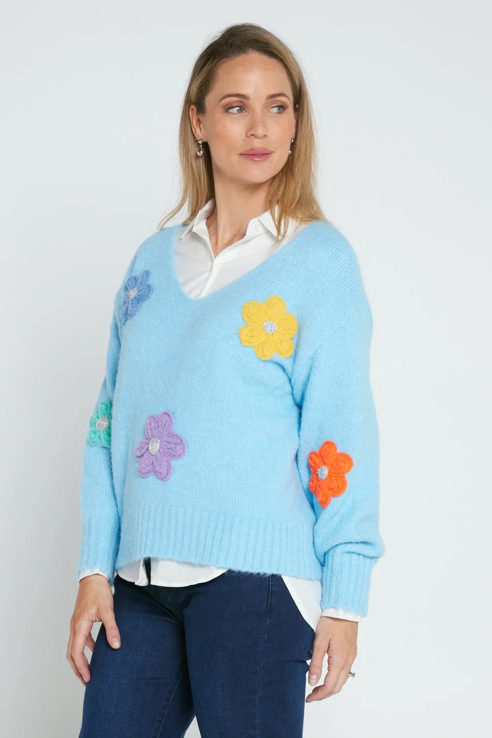 Appliqué Flower Knit Jumper - Blue