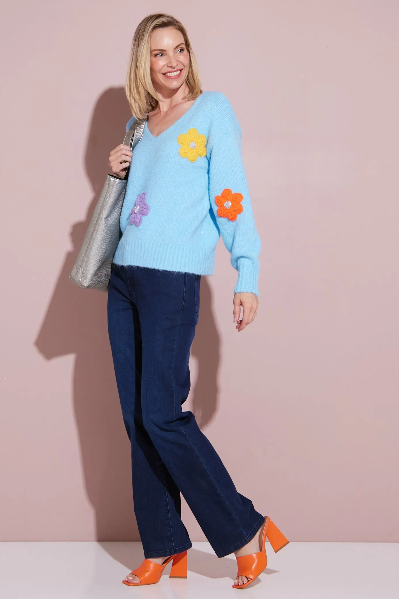 Appliqué Flower Knit Jumper - Blue