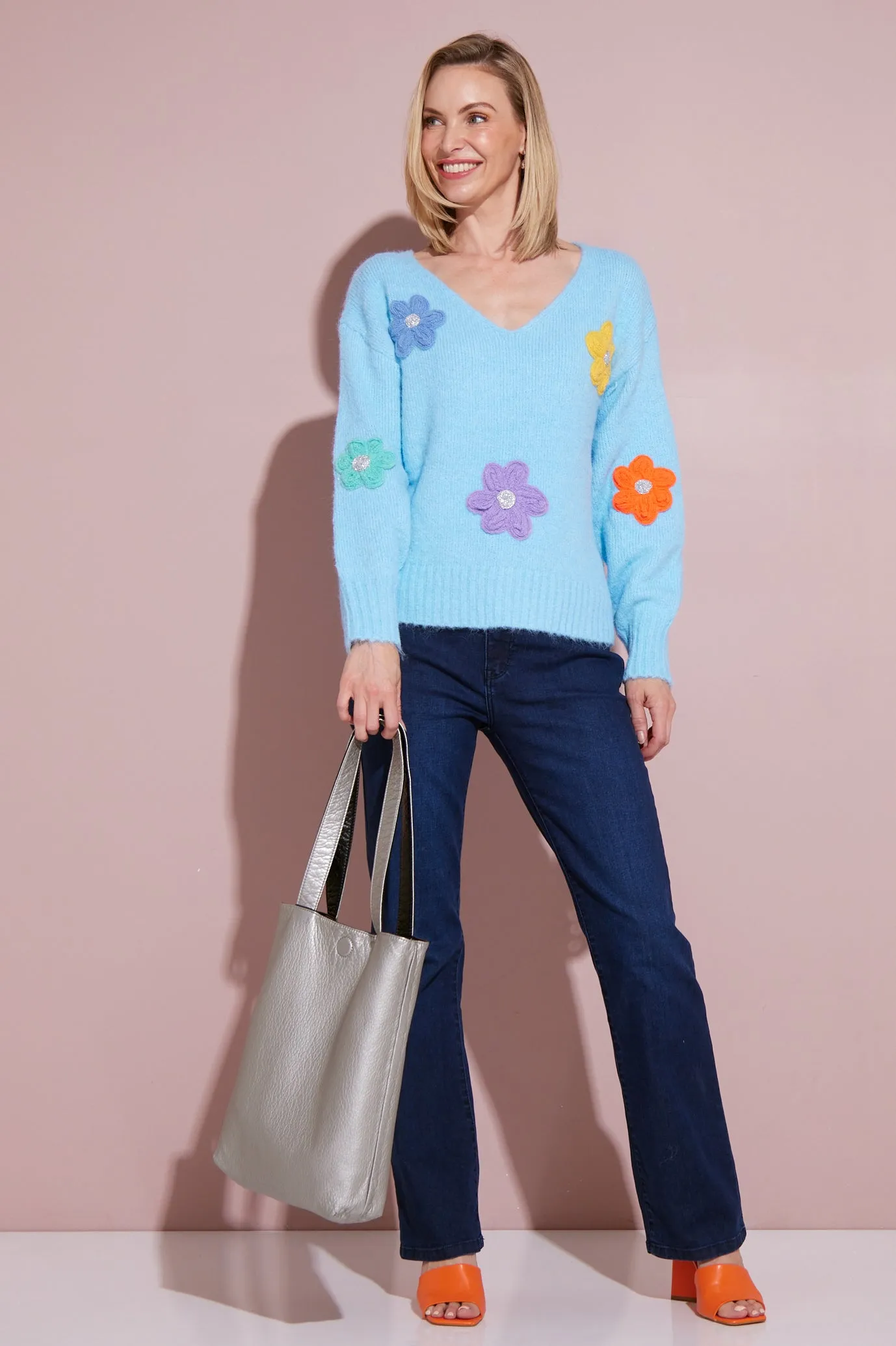 Appliqué Flower Knit Jumper - Blue