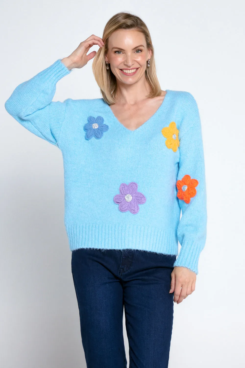 Appliqué Flower Knit Jumper - Blue