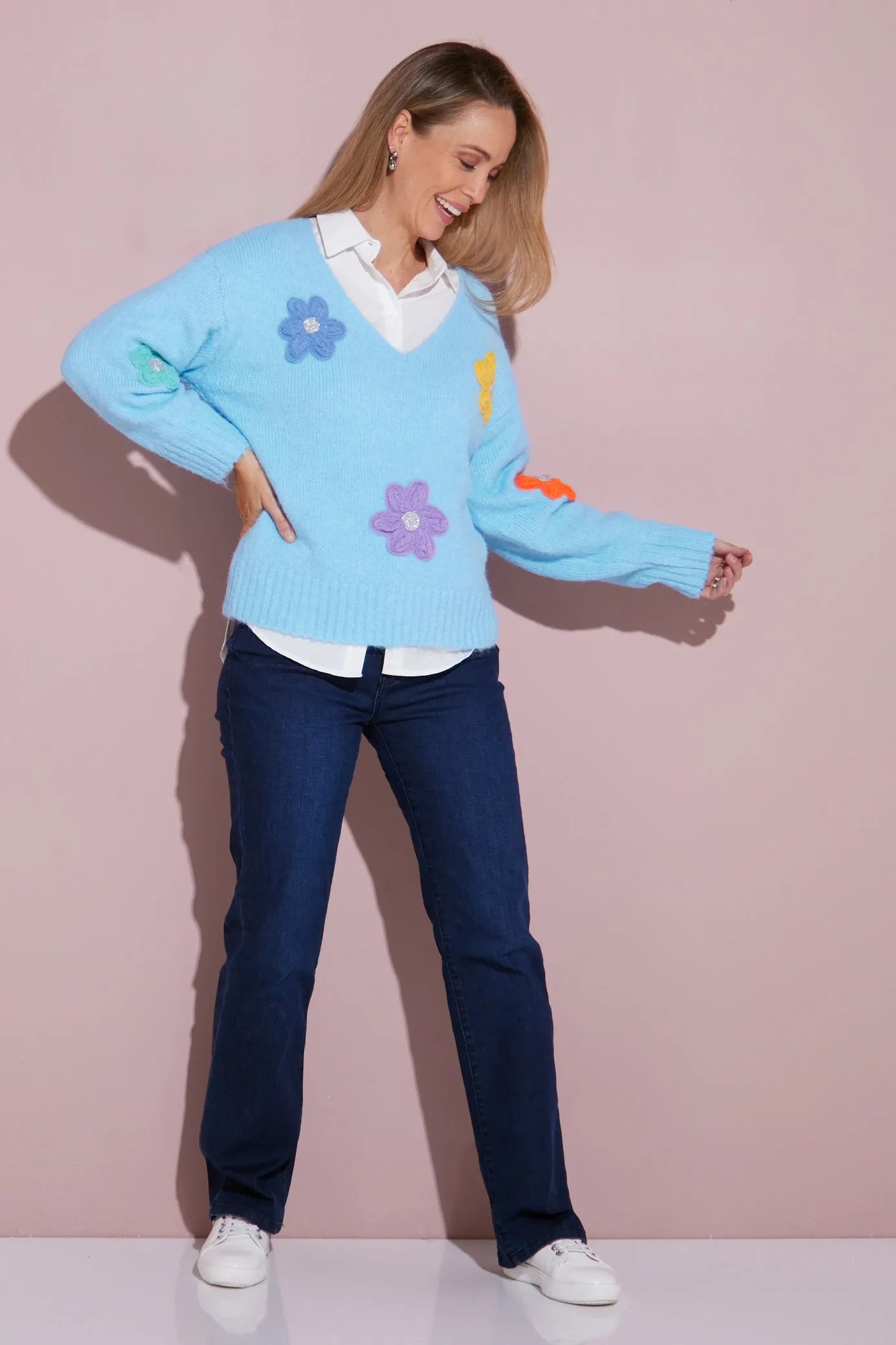 Appliqué Flower Knit Jumper - Blue