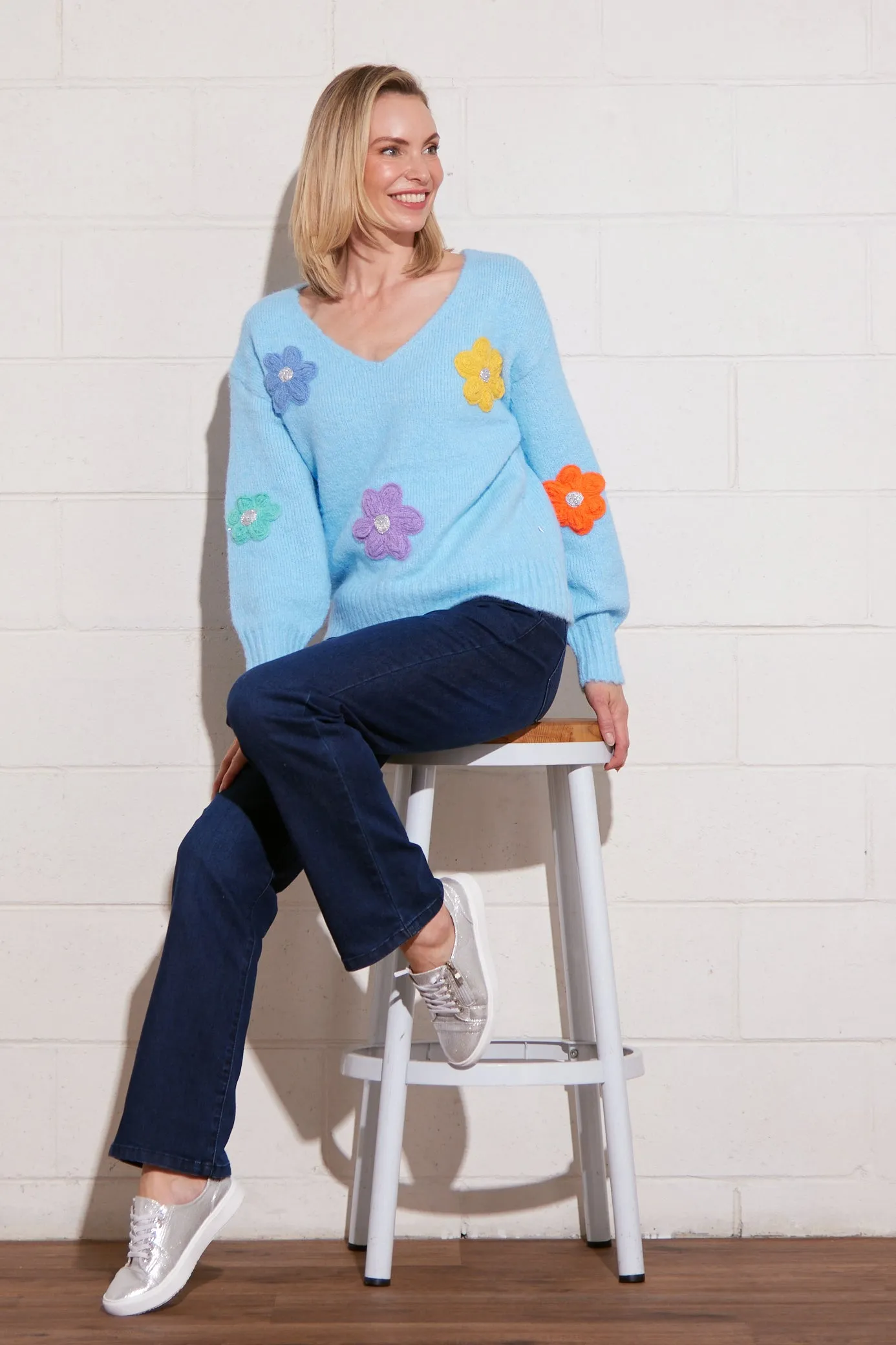 Appliqué Flower Knit Jumper - Blue