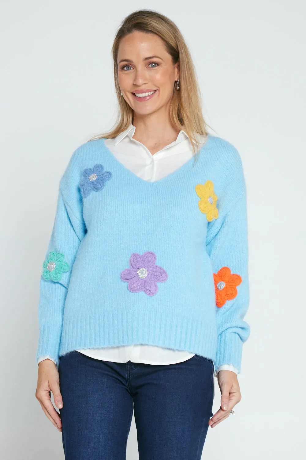 Appliqué Flower Knit Jumper - Blue