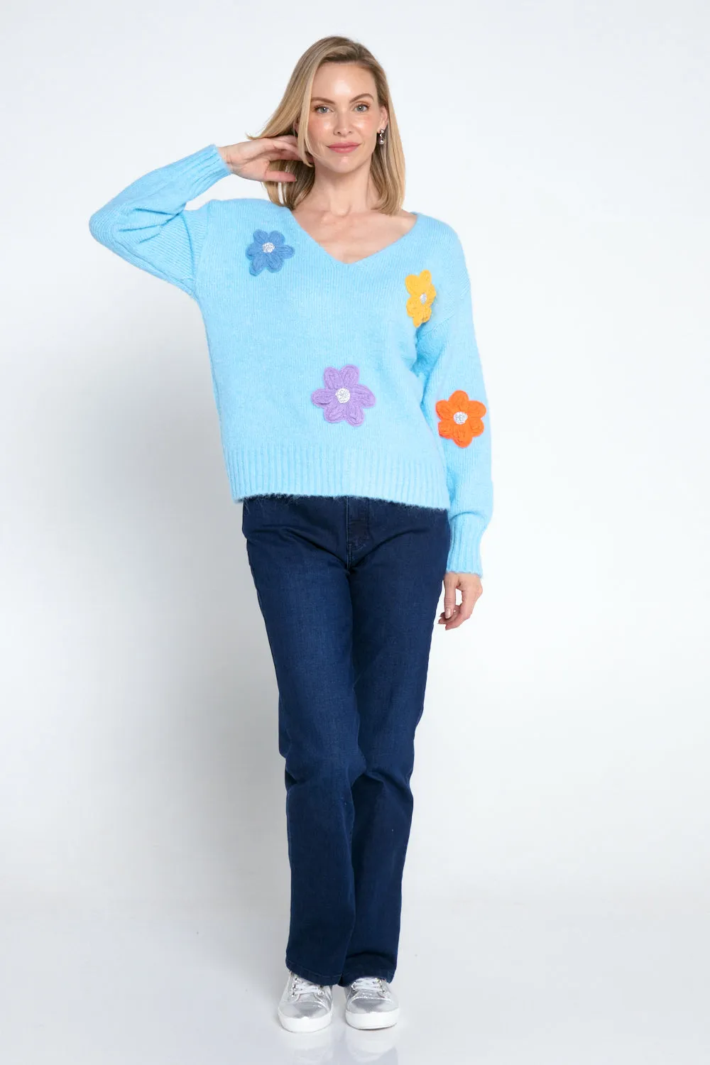 Appliqué Flower Knit Jumper - Blue