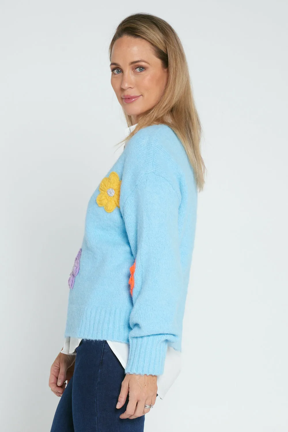 Appliqué Flower Knit Jumper - Blue