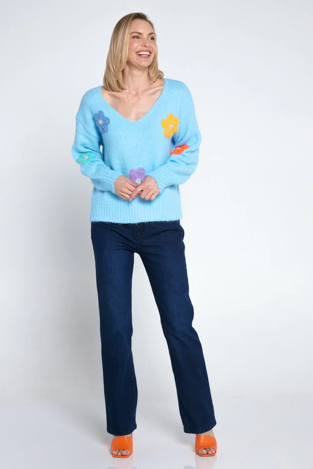 Appliqué Flower Knit Jumper - Blue