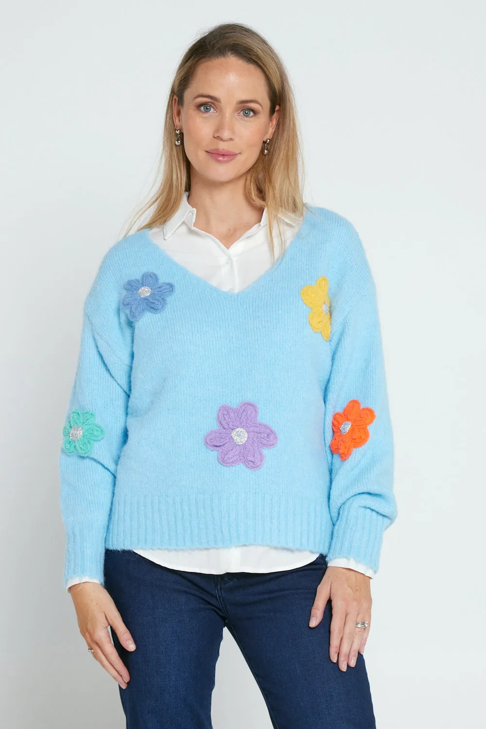 Appliqué Flower Knit Jumper - Blue