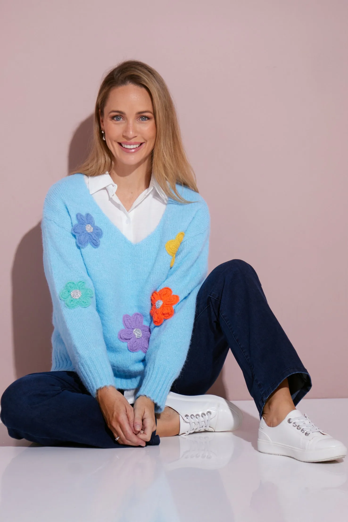 Appliqué Flower Knit Jumper - Blue