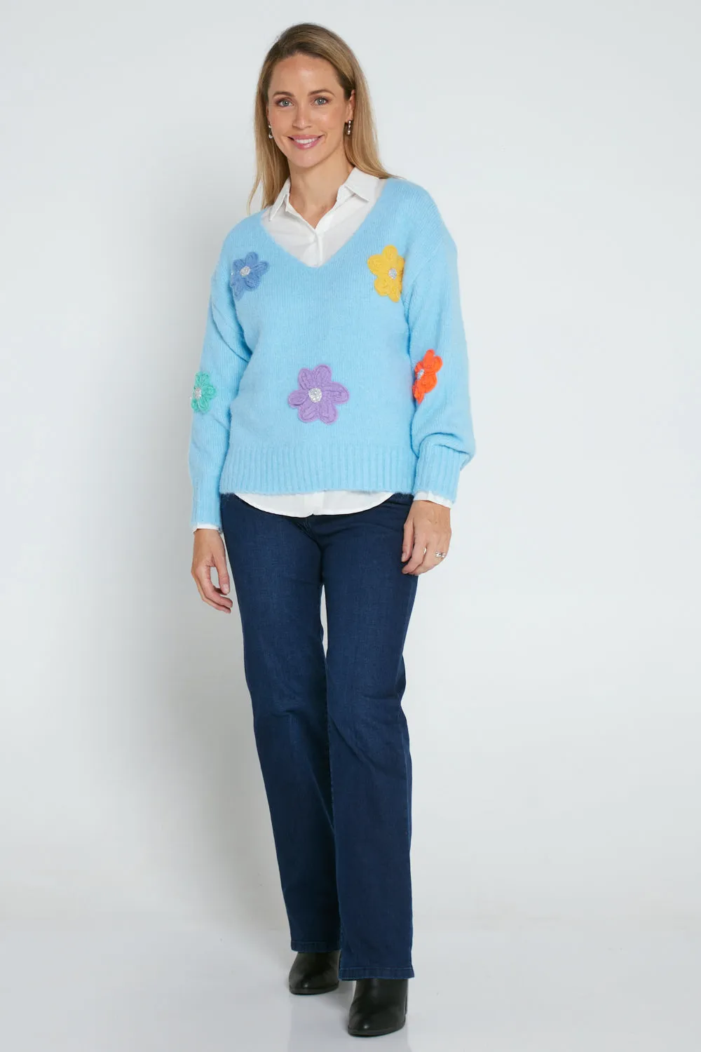 Appliqué Flower Knit Jumper - Blue