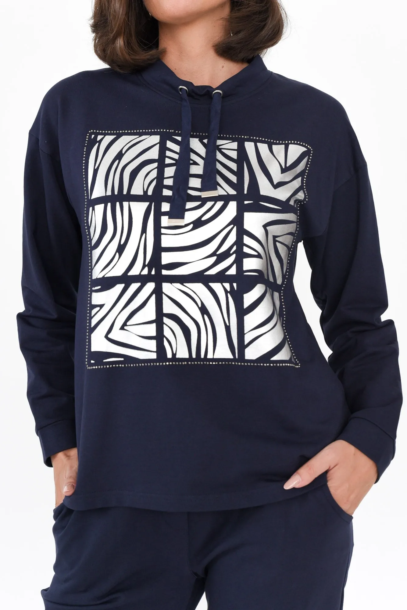 Arzu Navy Foil Zebra Cotton Blend Jumper