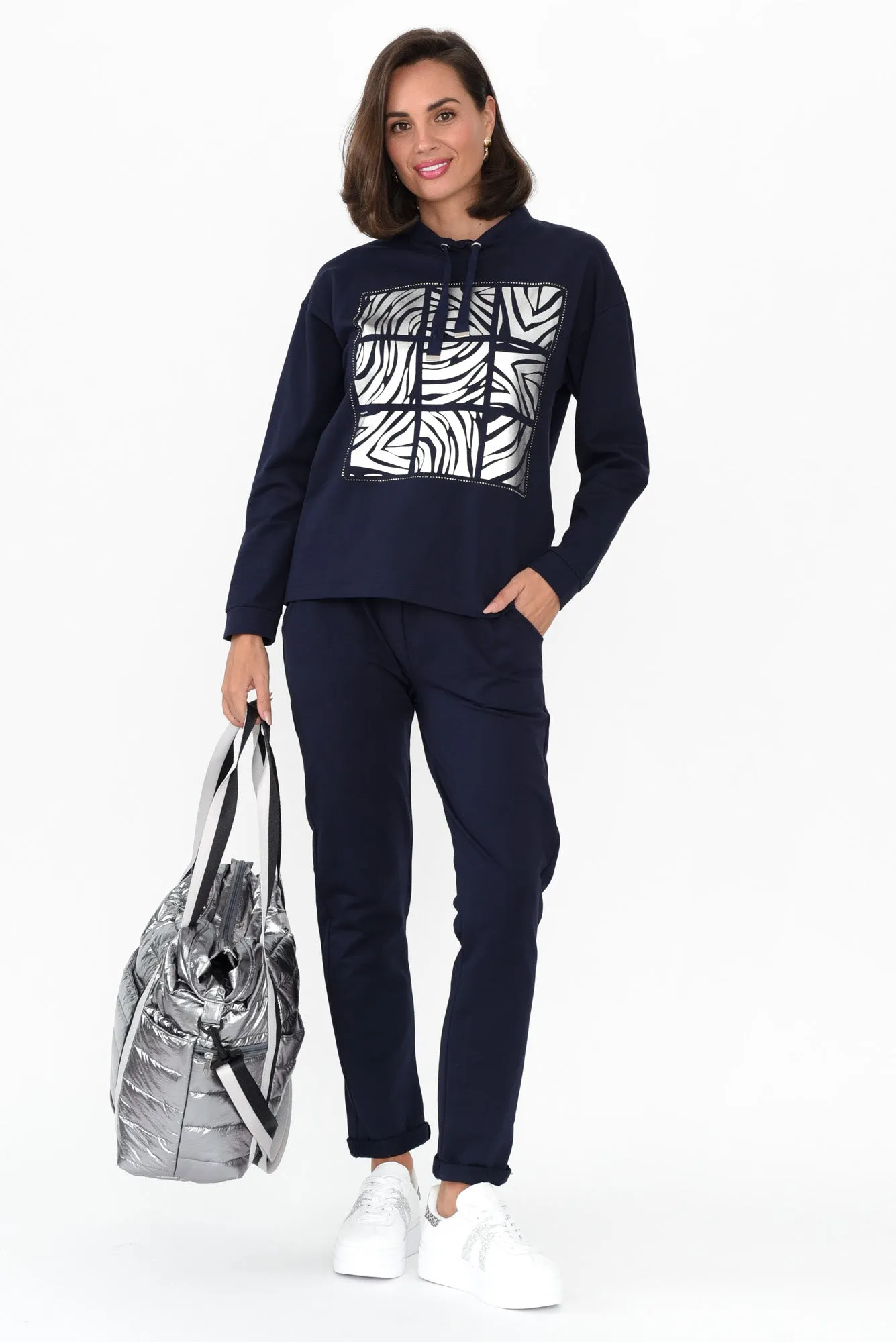 Arzu Navy Foil Zebra Cotton Blend Jumper