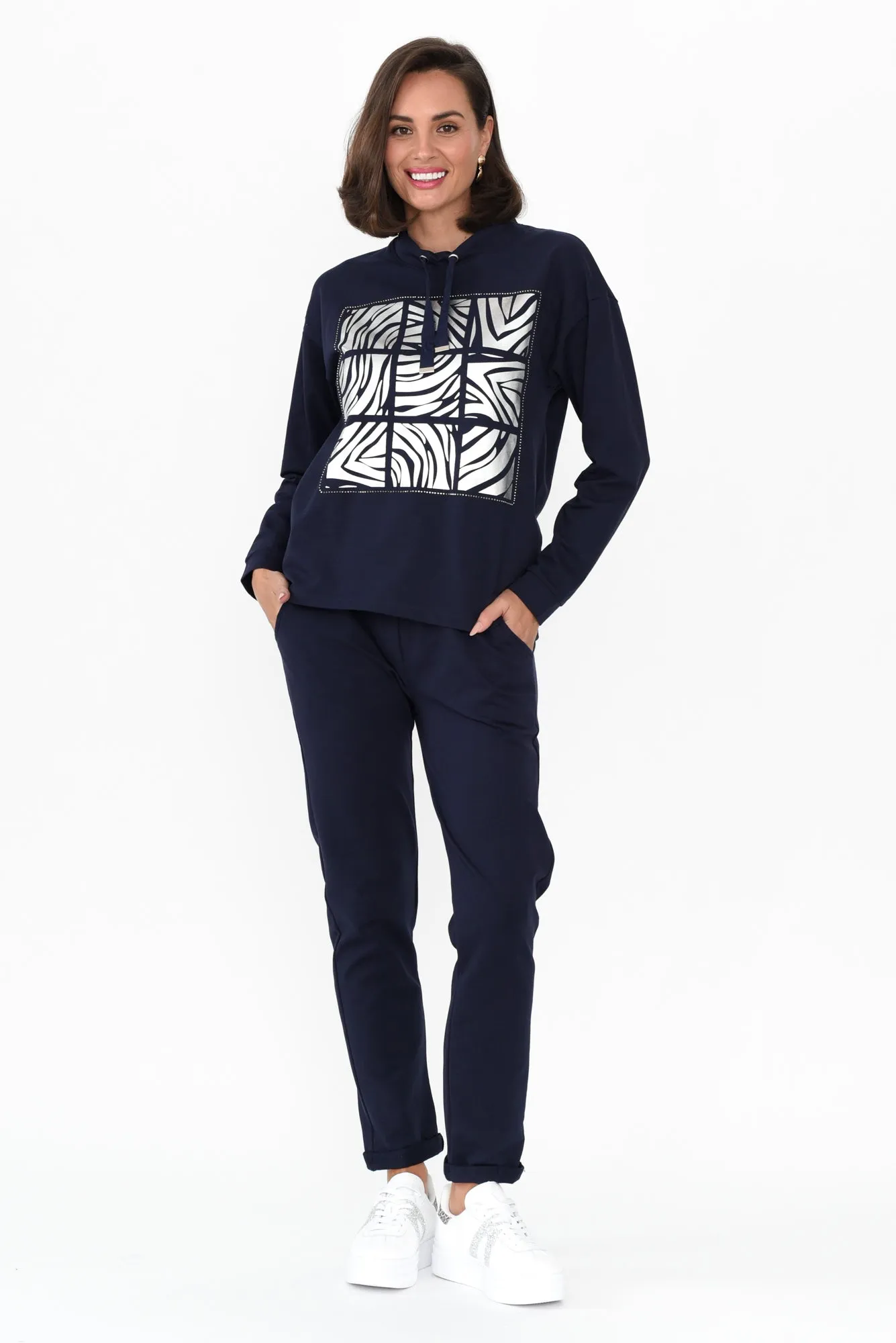 Arzu Navy Foil Zebra Cotton Blend Jumper