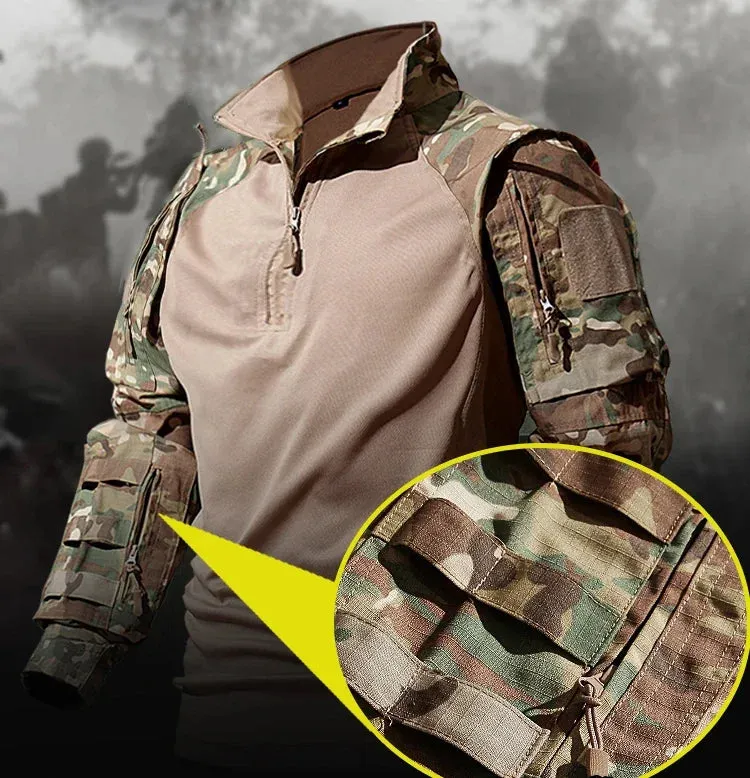 Autumn Training Suit Men Outdoor Durable Breathable T-shirt Cargo Pants Set Waterproof Suits Multiple Pockets Camo 2 Pcs Set