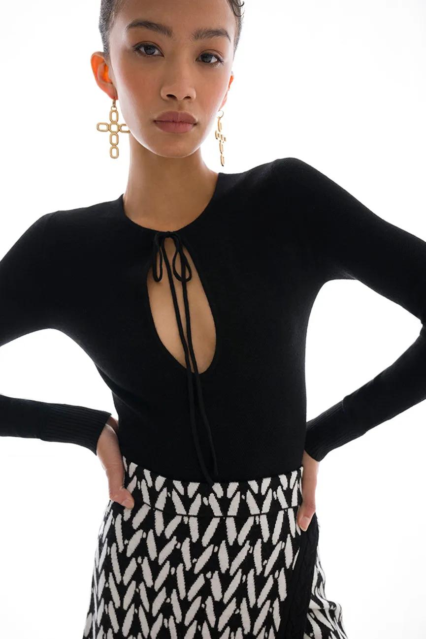 Black EcoMerino Long Sleeve Keyhole Top