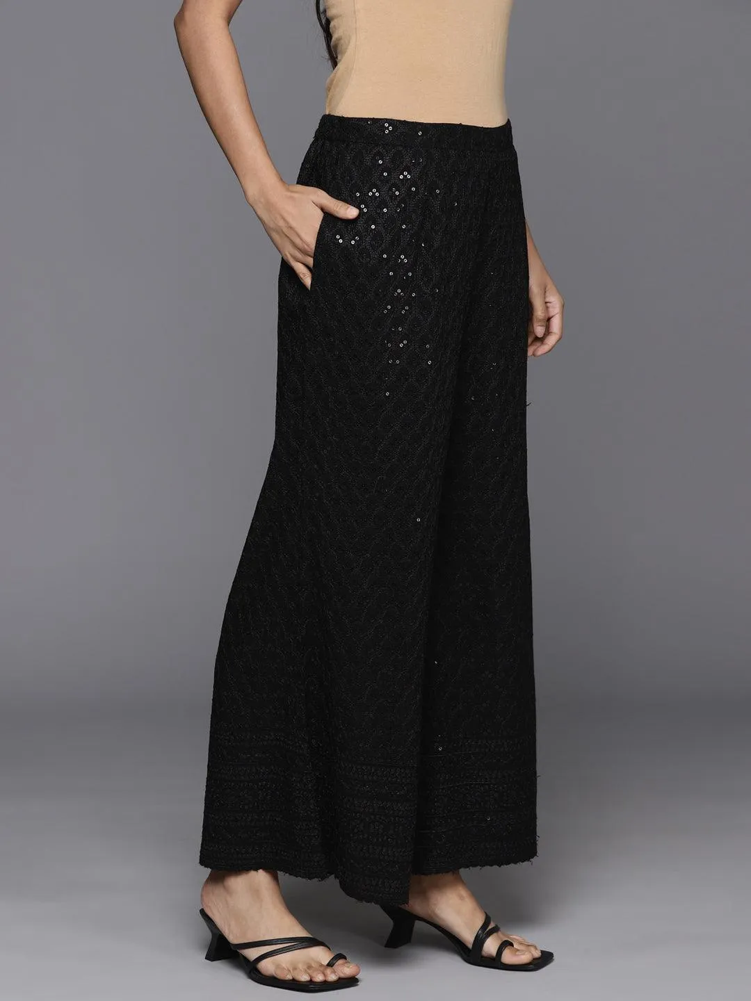 Black Embroidered Rayon Palazzos