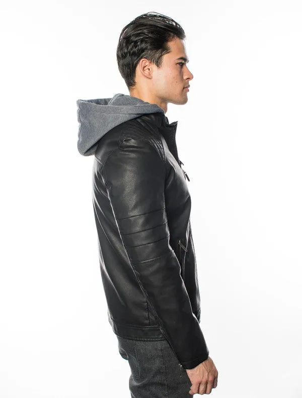 Black Mens Pleather Jacket With Hood