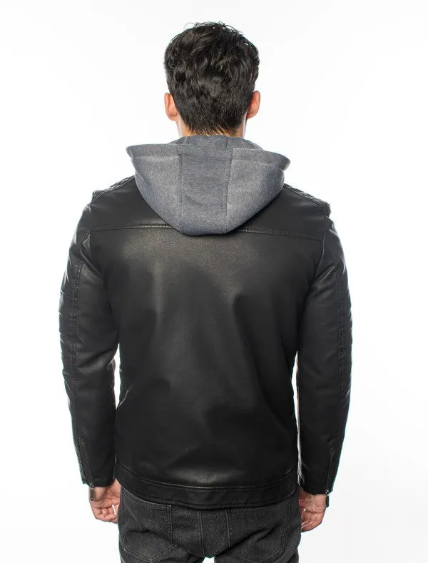 Black Mens Pleather Jacket With Hood