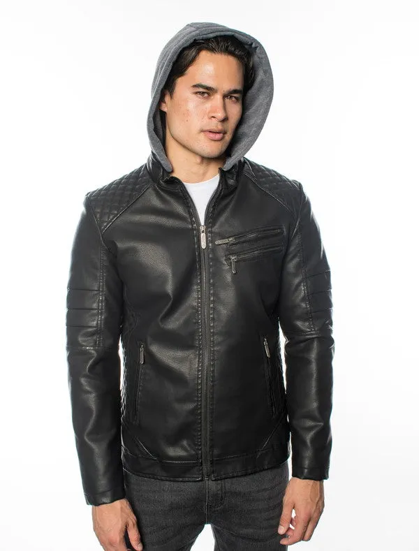 Black Mens Pleather Jacket With Hood