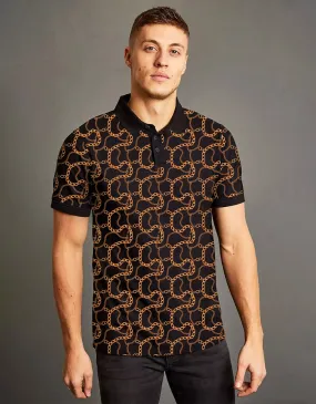 Black Printed All Over Geometric Printed Polo Tshirt