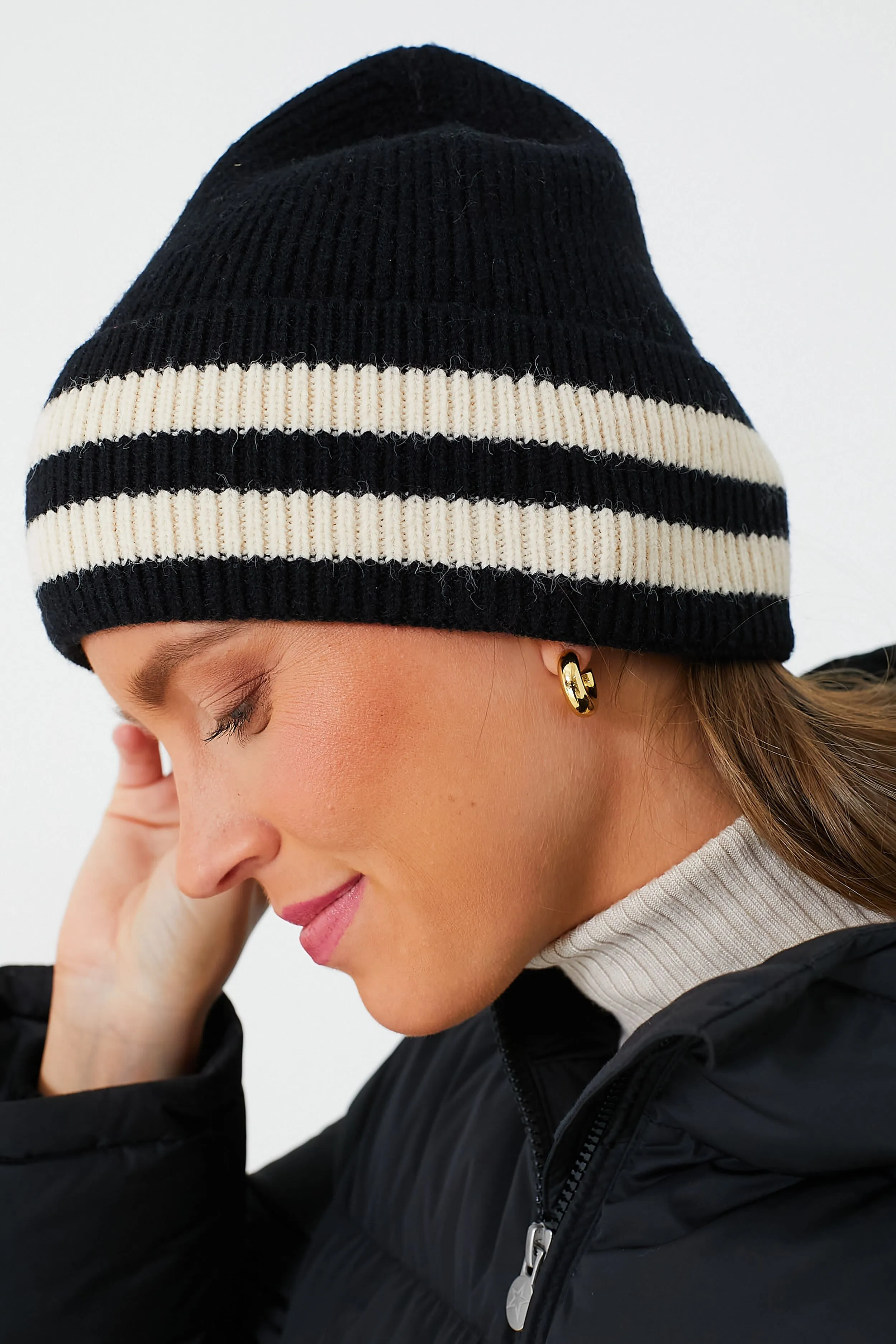 Black Solid Stripe Beanie