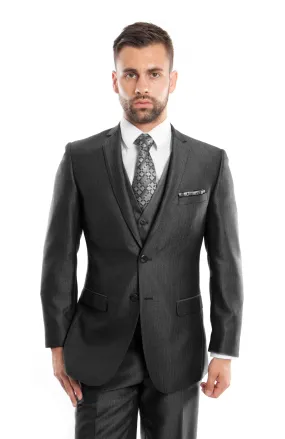 Black Textured Pattern 3-PC Slim Fit Performance Stretch Suits For Men