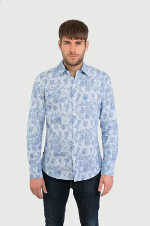 Blue Print Cotton Slim Fit Mens Shirt Long Sleeve