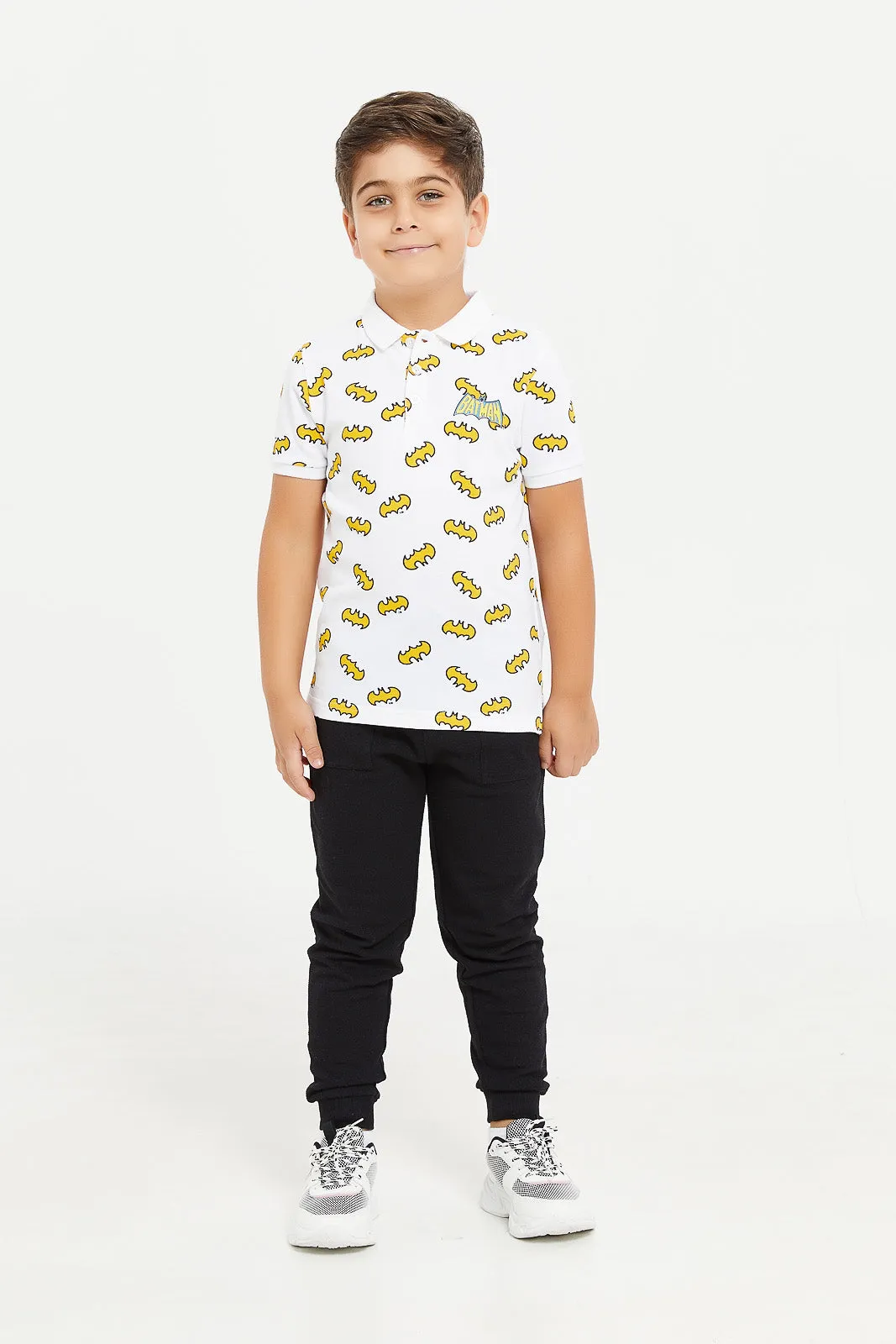 Boys White Batman All Over Print Polo Shirt